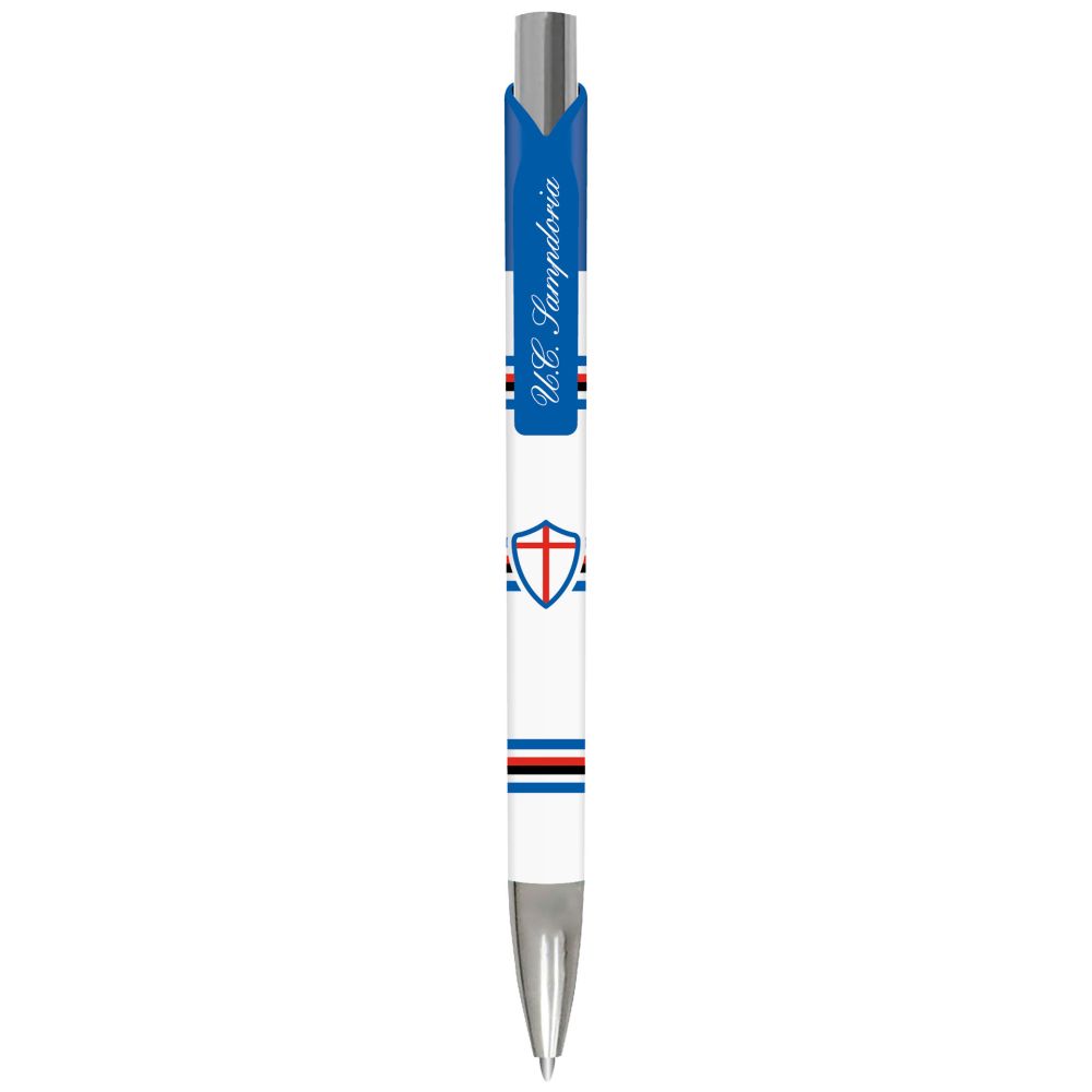 PENNA CON PULSANTE E PUNTALE CROMATI LOGO SCUDO CON RIGHE SAMPDORIA
