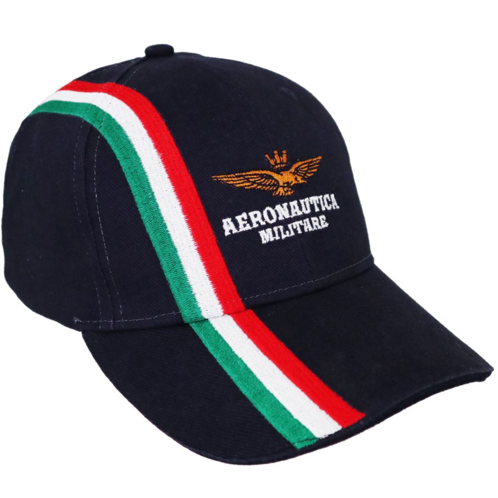 CAPPELLINO IN COTONE BLU NAVY CON TRICOLORE E LOGO A.M.