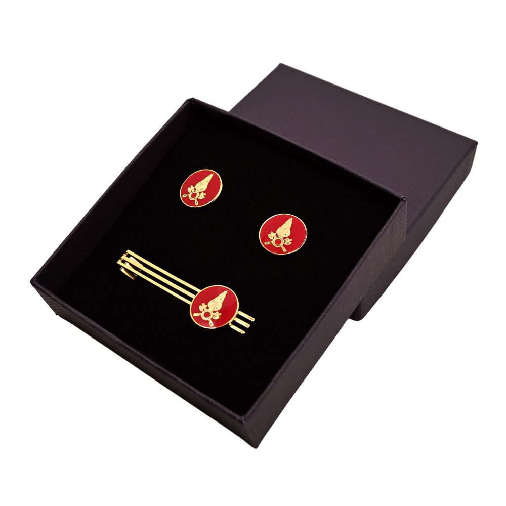 SET GEMELLI E FERMACRAVATTA CON LOGO IN METALLO E SMALTO LOGO TONDO VIGI