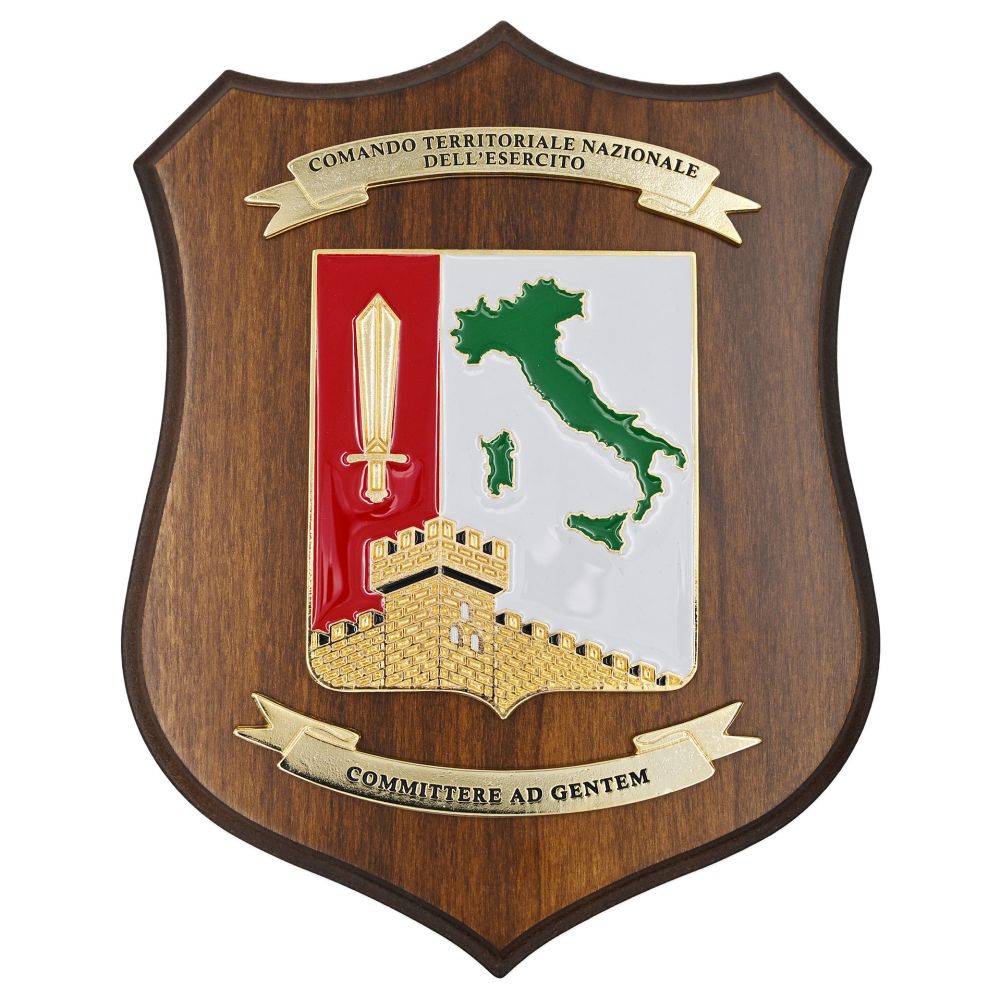 CREST IN METALLO SMALTATO BASE LEGNO 22,5X17,5CM COMAN.TERR.NAZ.ESERCITO