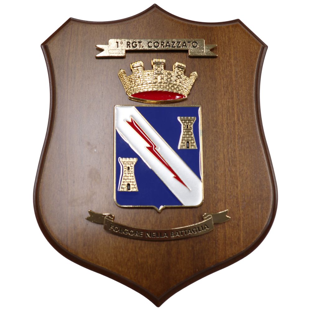 CREST IN METALLO SMALTATO BASE LEGNO 22,5X17,5CM 1 REGGIMENTO CORAZZATO