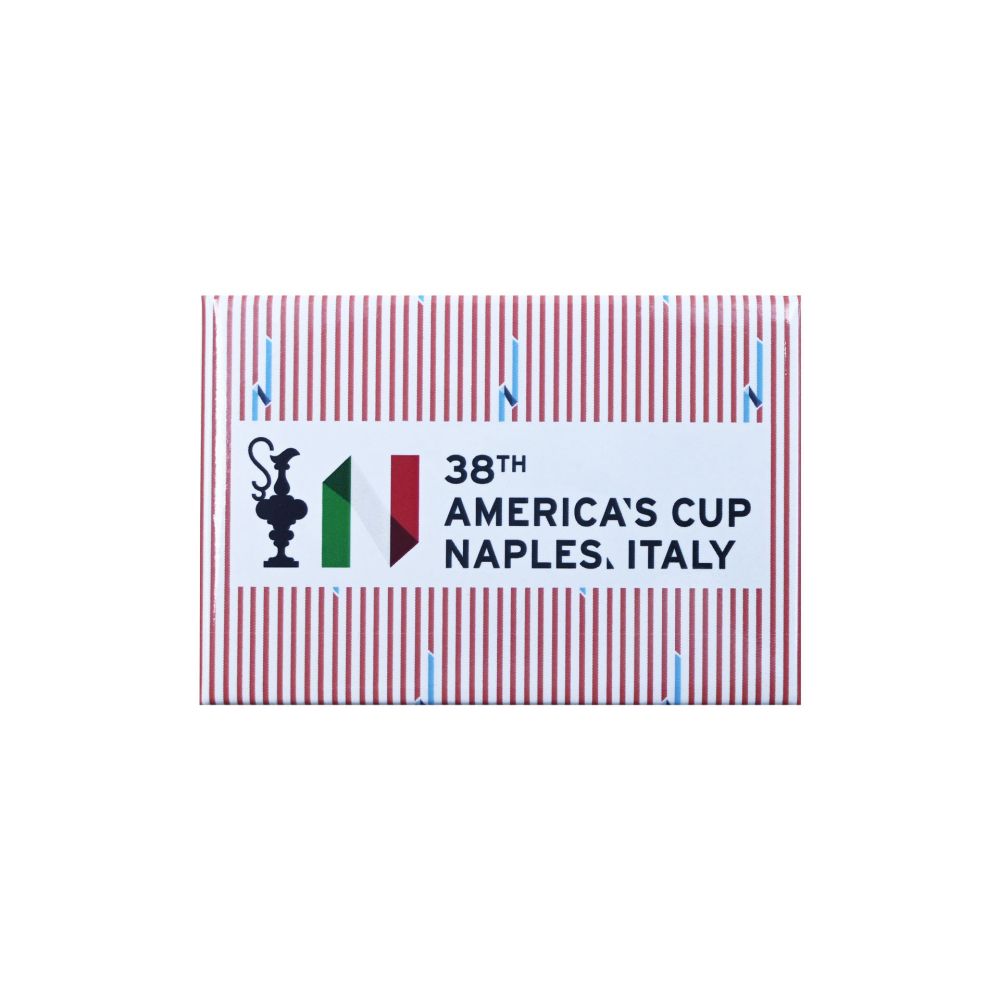 MAGNETE AMERICA'S CUP 38 RETTANGOLARE SFONDO RIGATO ARANCIONE CON COPPA