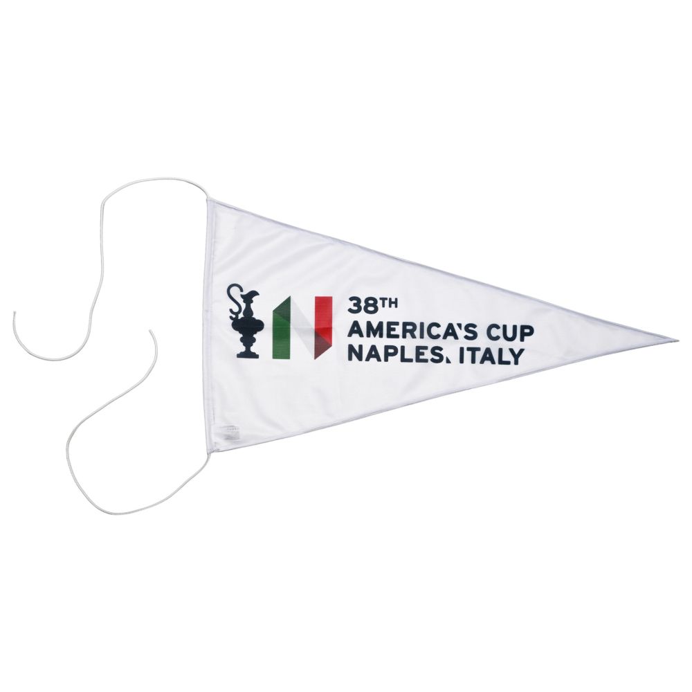 BANDIERA TRIANGOLARE AMERICA'S CUP 38 BIANCA LOGHI E SCRITTA