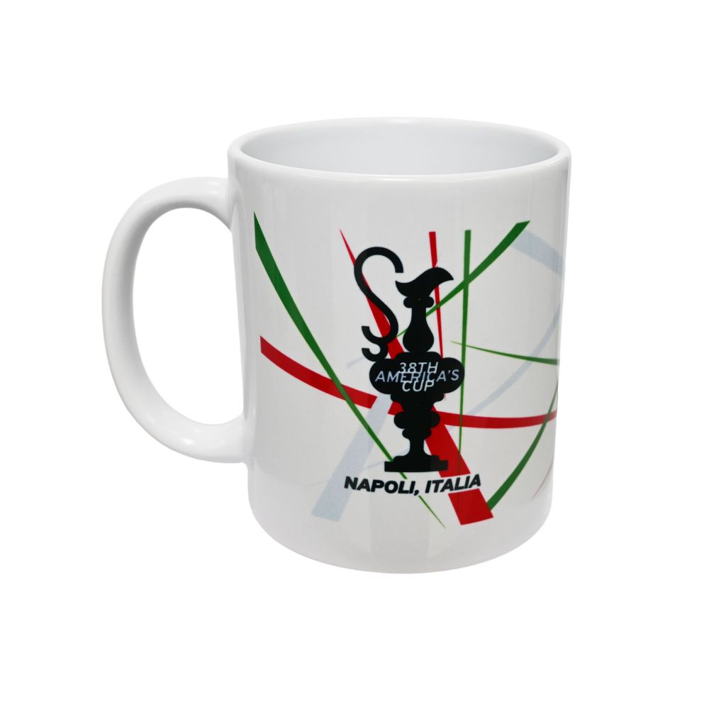 TAZZA AMERICA'S CUP 38 BIANCA CON COPPA E BANDE TRICOLORE IN CERAMICA