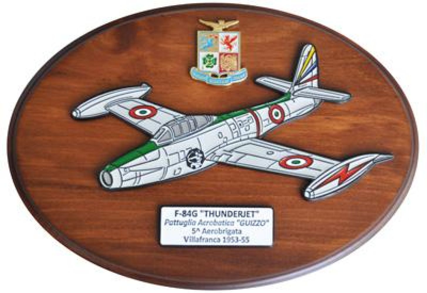 CREST ARALDICO AEREI F-84G THUNDERJET GUIZZO VILLAFRANCA 1953-55 AERONAUTICA MILITARE MIS CM 22,5 X 17,5