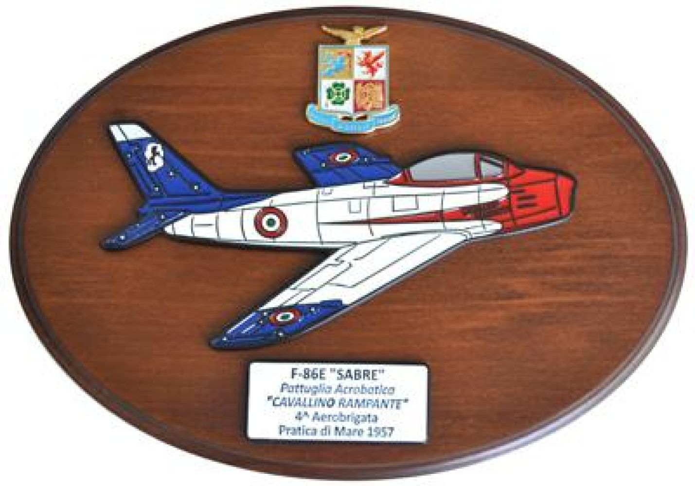 CREST ARALDICO AEREI F-86E SABRE CAVALLINO RAMPANTE PRATICA DI MARE 1957 AERONAUTICA MILITARE MIS CM 22,5 X 17,5