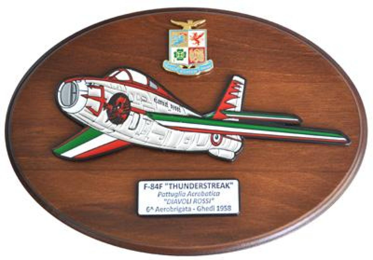 CREST ARALDICO AEREI F-84F THUNDERSTREAK DIAVOLI ROSSI GHEDI 1958 AERONAUTICA MILITARE MIS CM 22,5 X 17,5