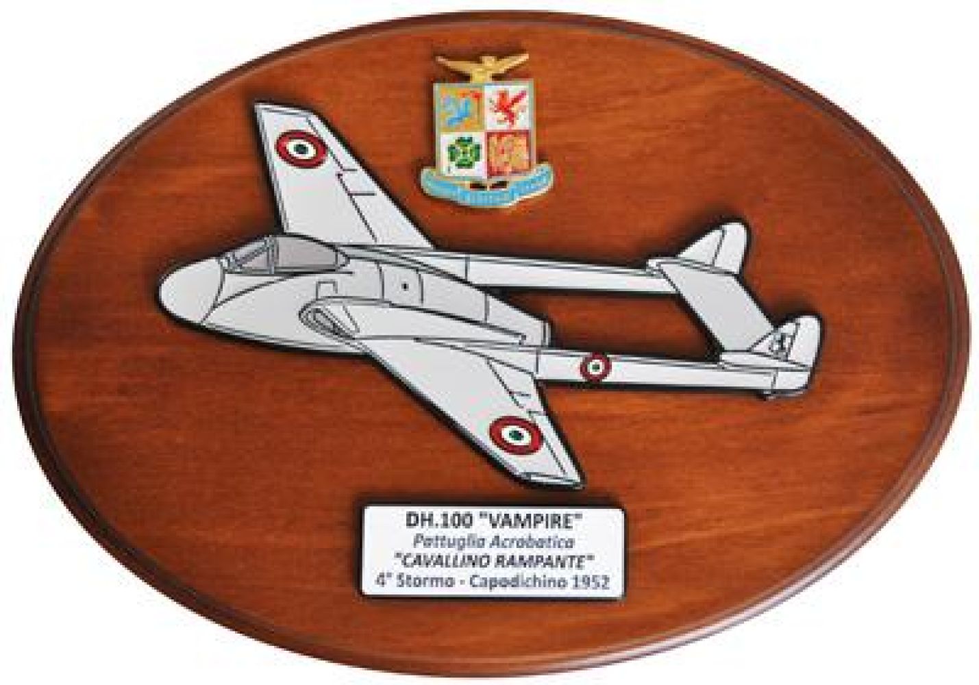 CREST ARALDICO AEREI DH.100 VAMPIRE CAVALLINO RAMPANTE CAPODICHINO 1952 AERONAUTICA MILITARE MIS CM 22,5 X 17,5