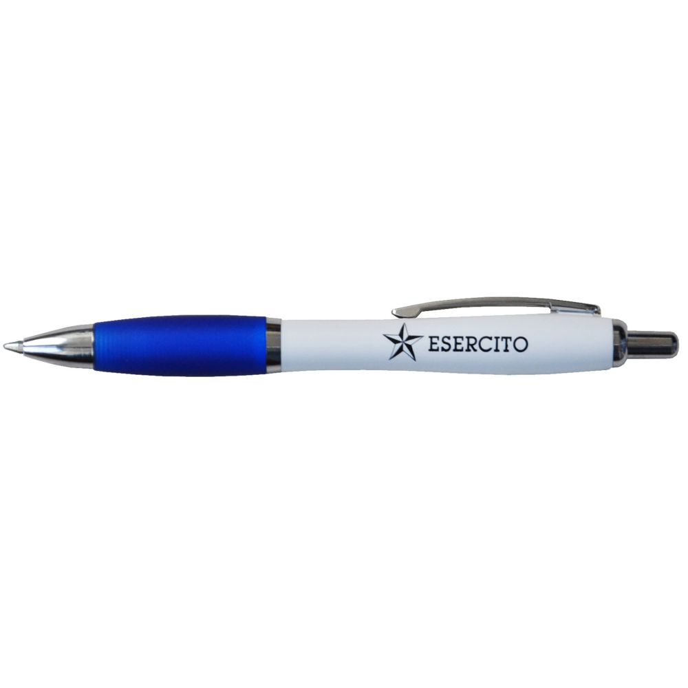 PENNA A SFERA BIANCA CON PARTICOLARI BLU IN PLASTICA CHIUSURA A SCATTO