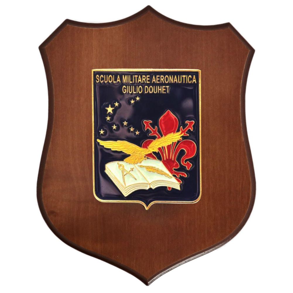 CREST IN METALLO SMALTATO BASE LEGNO 22,5X17,5CMSCUOLA MILITARE DOUHET