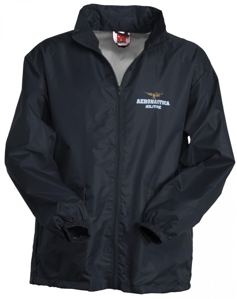 K-WAY ANTIVENTO BLU NAVY, CON CAPPUCCIO A SCOMPARSA, DUE TASCHE AERONAUTICA MILITARE