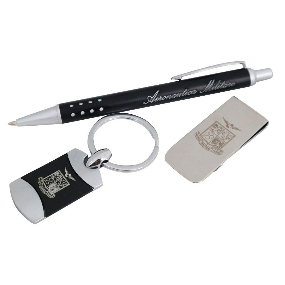 SET PENNA IN METALLO, PORTACHIAVI E FERMASOLDI LOGO INCISO A.M.