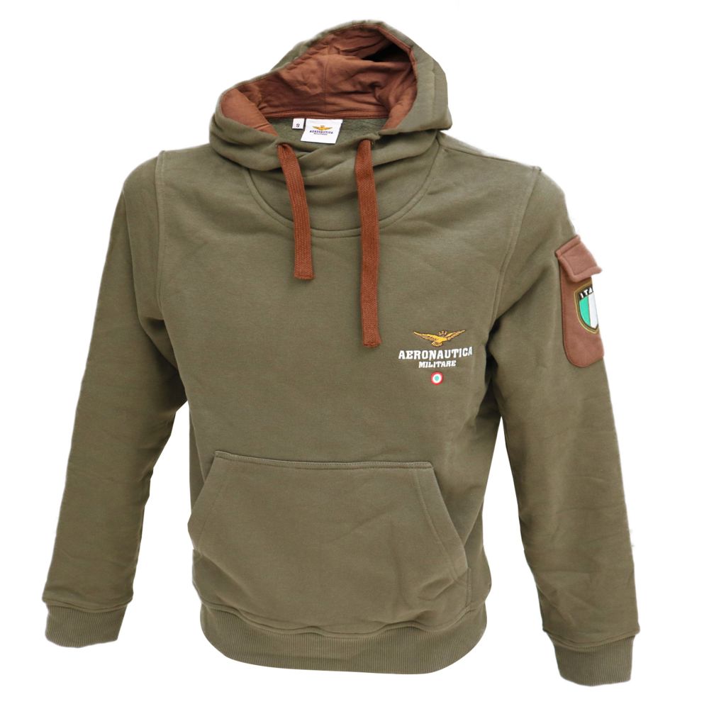 FELPA VERDE CON LOGO RICAMATO, CAPPUCCIO A COLLO ALTO, TASCONE AERONAUTICA MILITARE