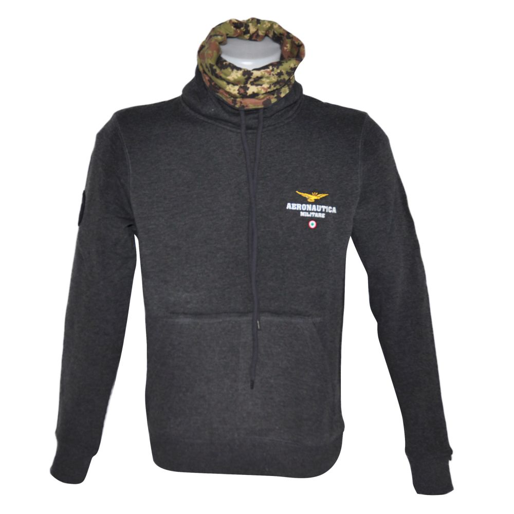 FELPA GRIGIO SCURO CON LOGO RICAMATO, TASCONE FRONTALE E COLLO LUPETTO, AERONAUTICA MILITARE