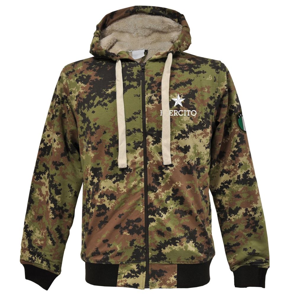 FELPA MIMETICA CON LOGO RICAMATO,  CAPPUCCIO, ZIP, TASCONI FRONTALI ESERCITO ITALIANO