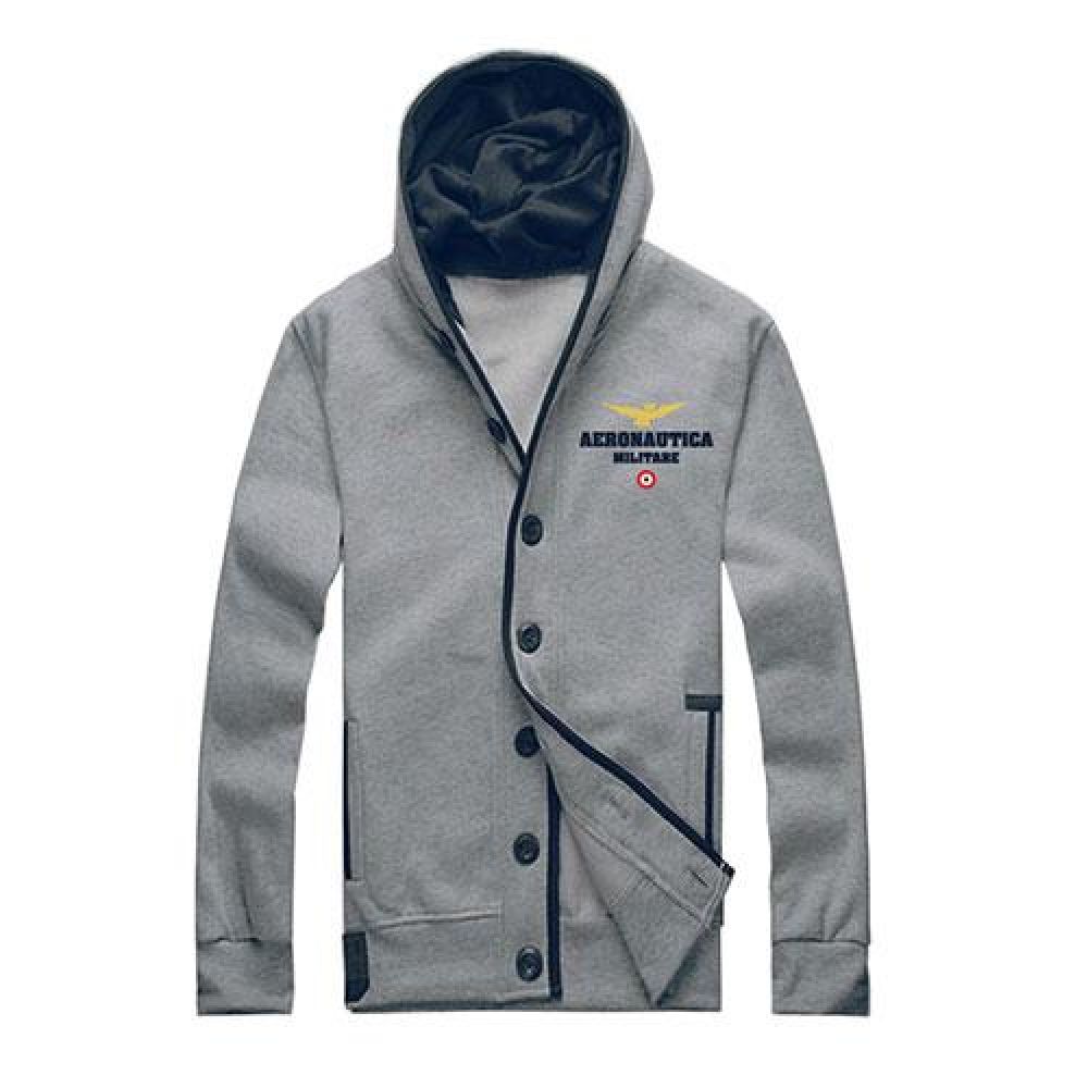 GIACCA IN FELPA GRIGIA CON LOGO RICAMATO, 5 BOTTONI, CAPPUCCIO, AERONAUTICA MILITARE
