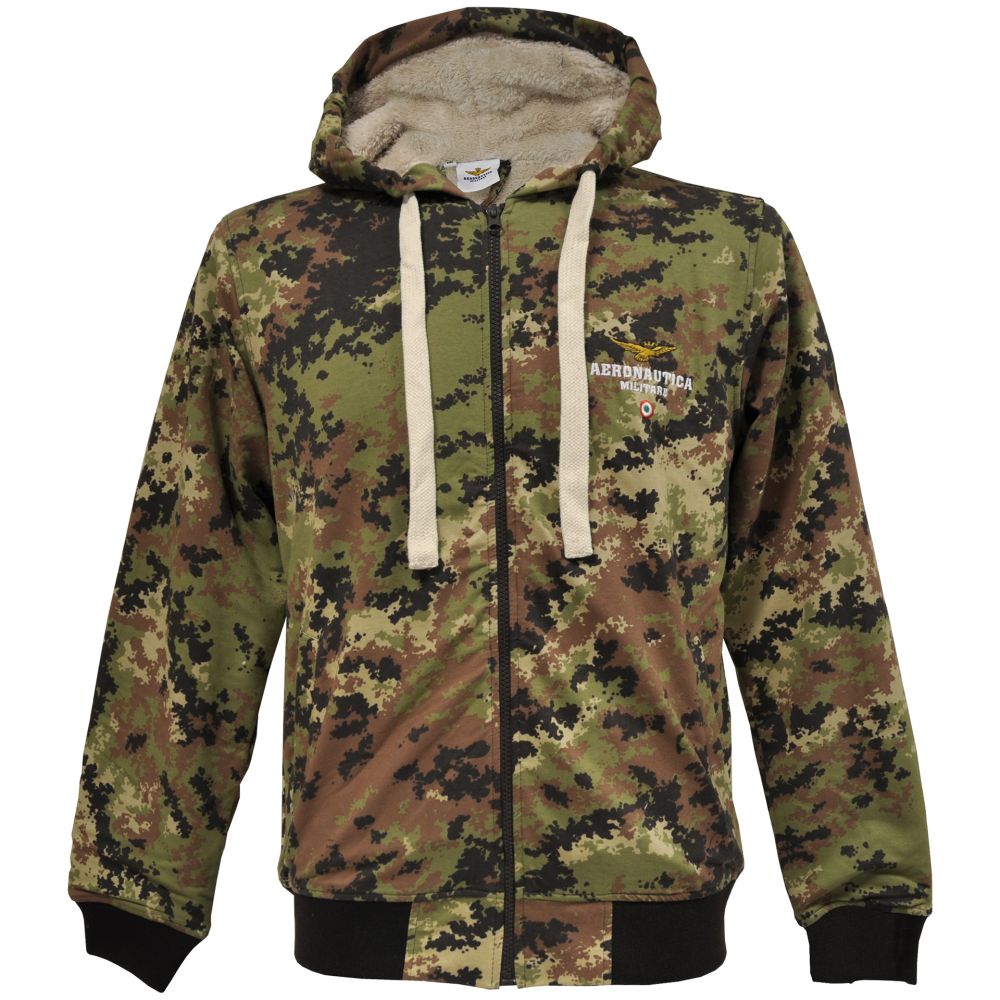 FELPA MIMETICA CON CAPPUCCIO, ZIP, TASCONI FRONTALI, LOGO RICAMATO AERONAUTICA MILITARE