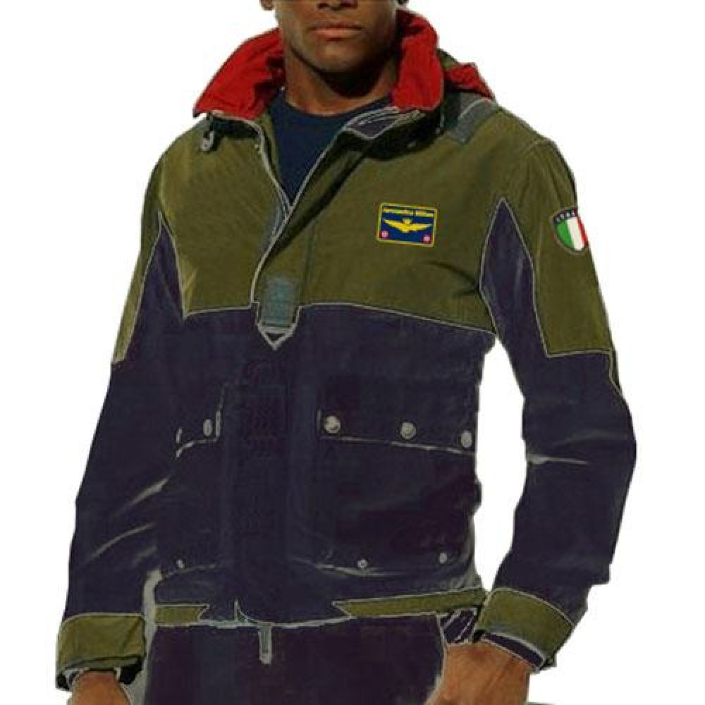 GIACCA IN FELPA VERDE-BLU NAVY CON LOGO RICAMATO, CAPPUCCIO, 4 BOTTONI, AERONAUTICA MILITARE