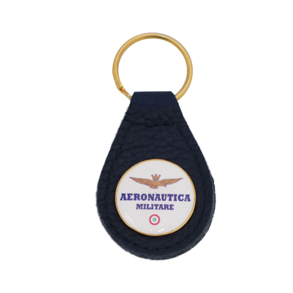 PORTACHIAVI IN PELLE BLU E LOGO SU ETICHETTA