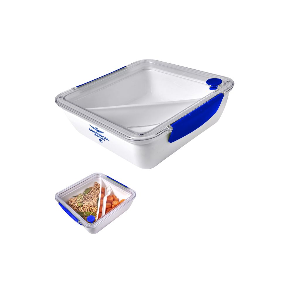 LUNCH BOX COPERCHIO TRASPARENTE REMOVIBILE CON FERMAGLI DI BLOCCAGGIO IN SILICONE, INCLUDE ULTERIORE COMPARTO TRIANGOLARE, DOTATO DI FORCHETTA BIANCA, CAPACITA' 920 ML DIMENSIONI 19,5 X 18,7 X 6,5 CM