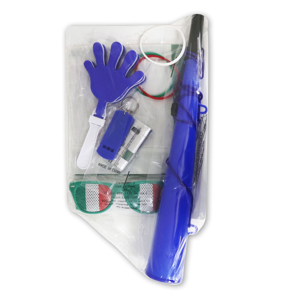 KIT TRICOLORE:BANDIERA-BATTIMANO-BRACCI-STICK-OCCHIALI-TROMBETTA-FISCHIE