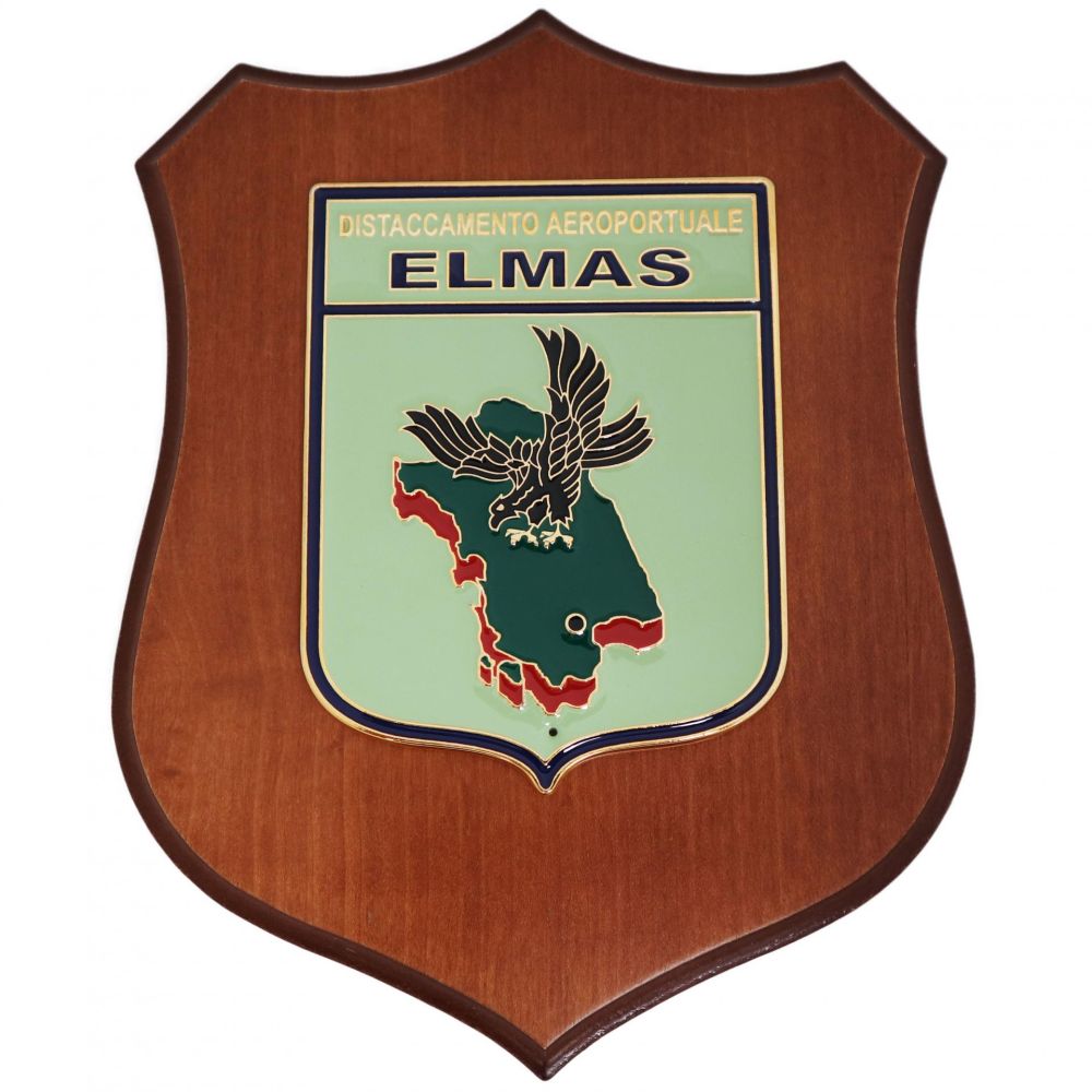 CREST IN METALLO SMALTATO BASE LEGNO 22,5X17,5CM DISTACCAMENTO ELMAS AM