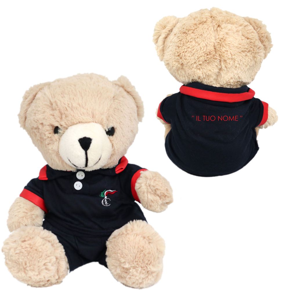 ORSETTO PELUCHES SEDUTO, H 24 CM, MAGLIETTA E PANT.FIAMMA PERSONALIZZATO