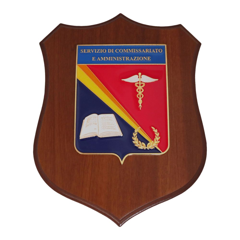 CREST IN METALLO SMALTATO BASE LEGNO 22,5X17,5CM SERV. COMMISSAR. AMM.