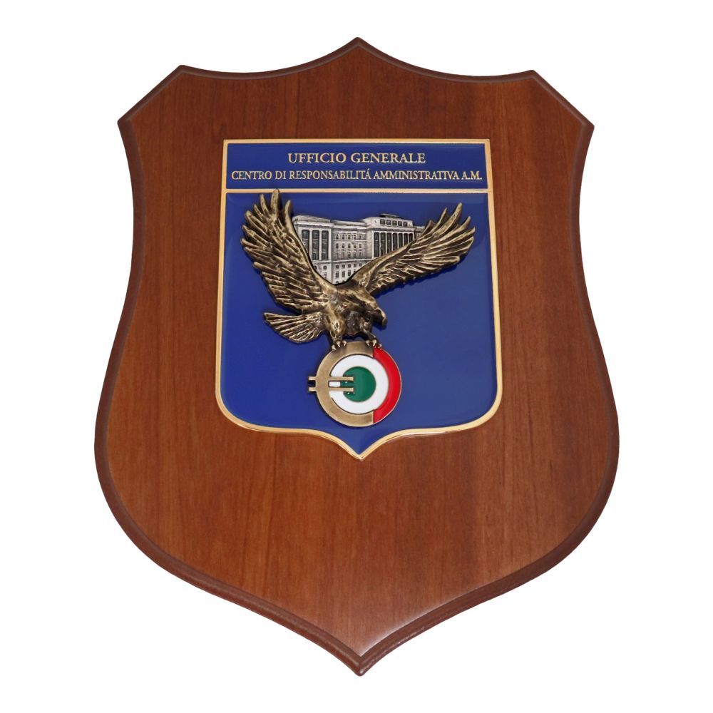 CREST IN METALLO SMALTATO BASE LEGNO 22,5X17,5CM UFF.GEN.CENTRO RES.AMM.