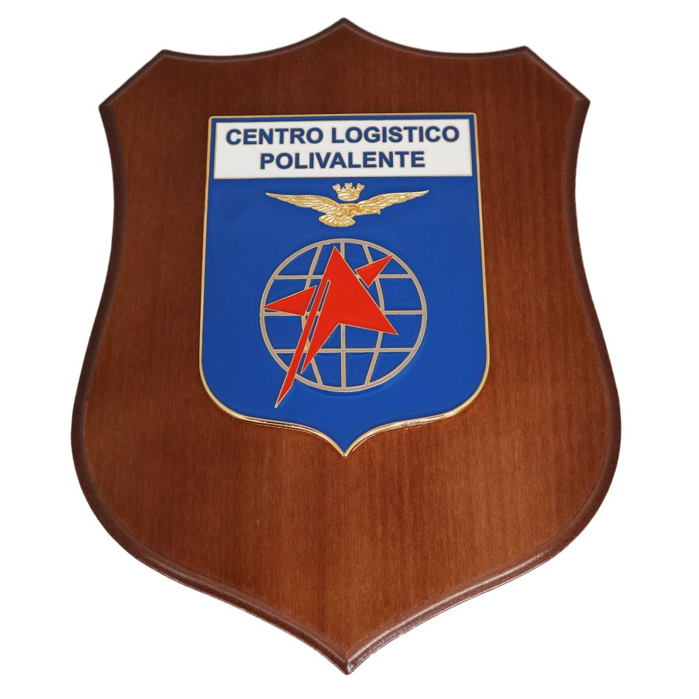 CREST IN METALLO SMALTATO BASE LEGNO 22,5X17,5CM CEN. LOG. POLIVALENTE