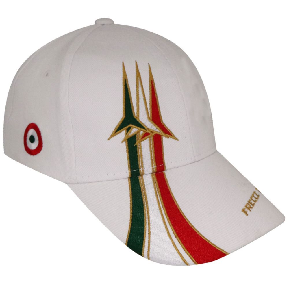 CAPPELLINO IN COTONE BIANCO , RICAMO FRECCE TRICOLORI SU VISIERA