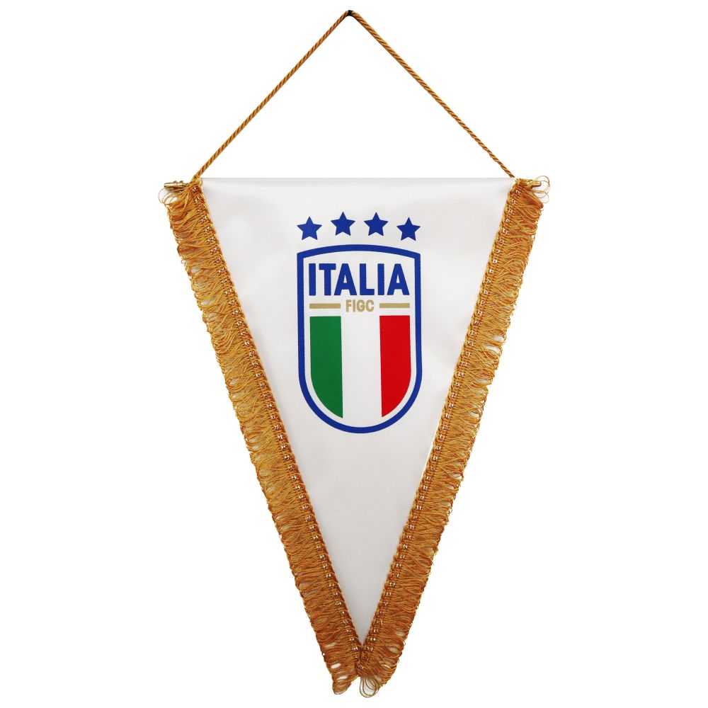 GAGLIARDETTO TRIANGOLARE 35X25CM FRANGIA DORATA, RETRO BIANCO LOGO FIGC