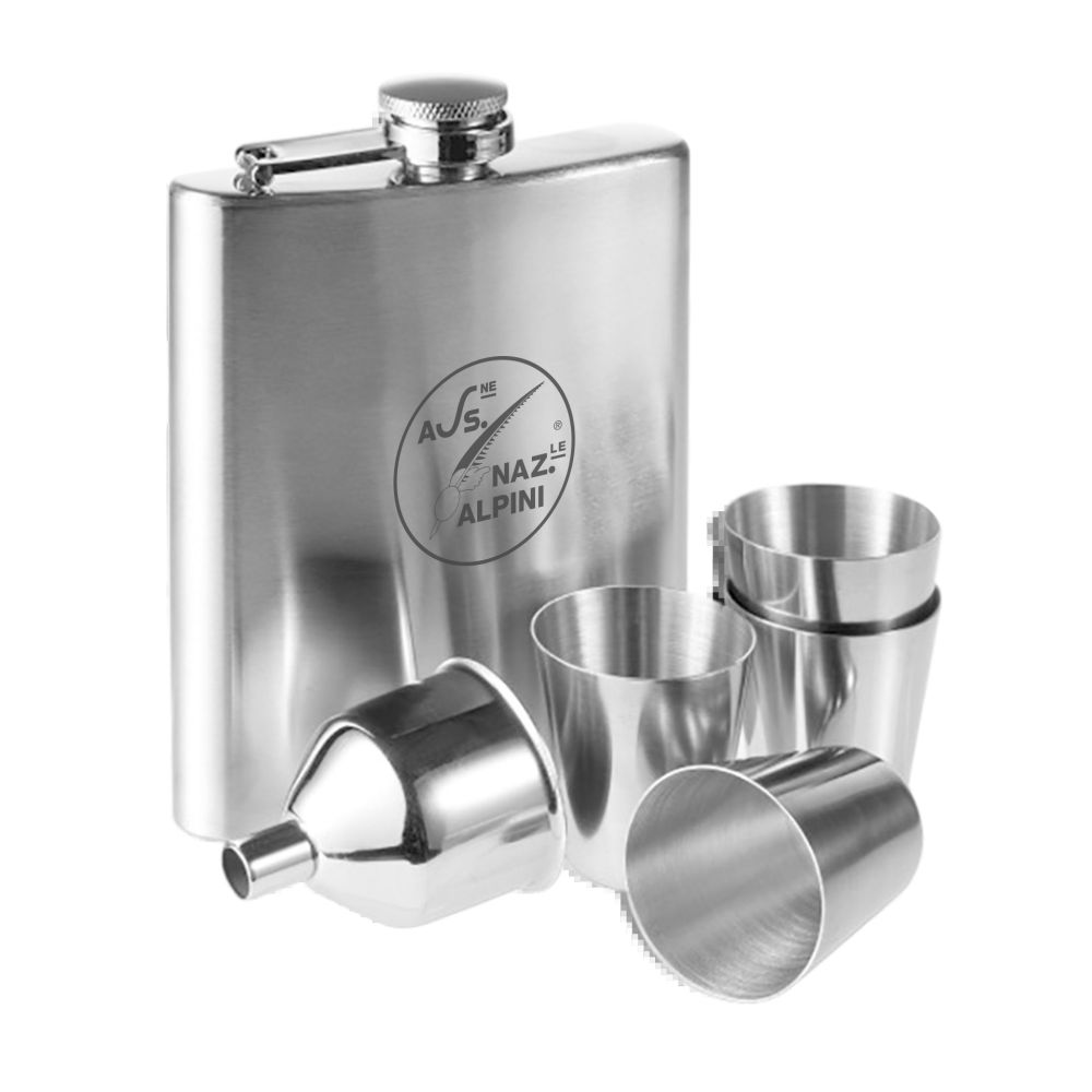 FIASCHETTA IN ACCIAO INOX 220 ML CON 4 BICCHIERINI DA 30 ML LOGO ANA