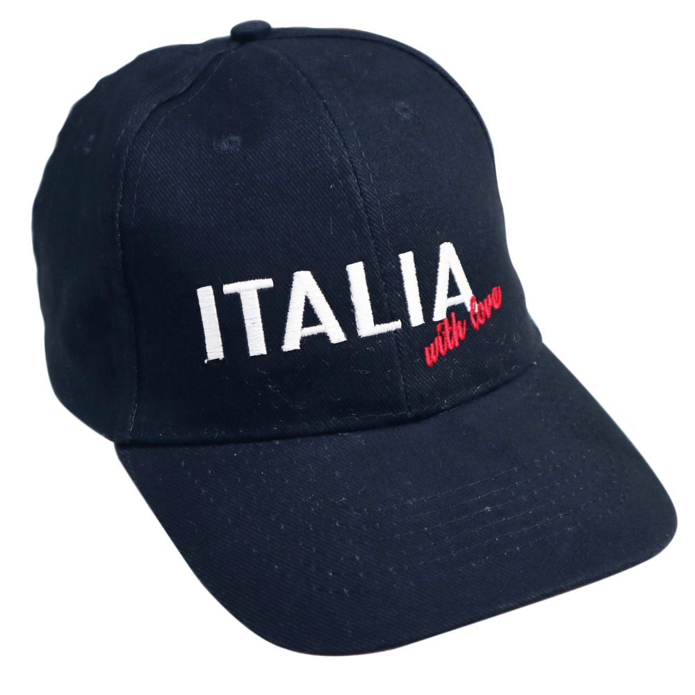 CAPPELLINO CON VISIERA IN COTONE BLU, RICAMO ITALIA WITH LOVE