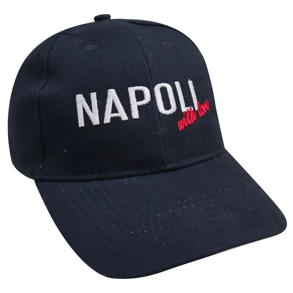CAPPELLINOCON VISIERA IN COTONE BLU, RICAMO NAPOLI WITH LOVE