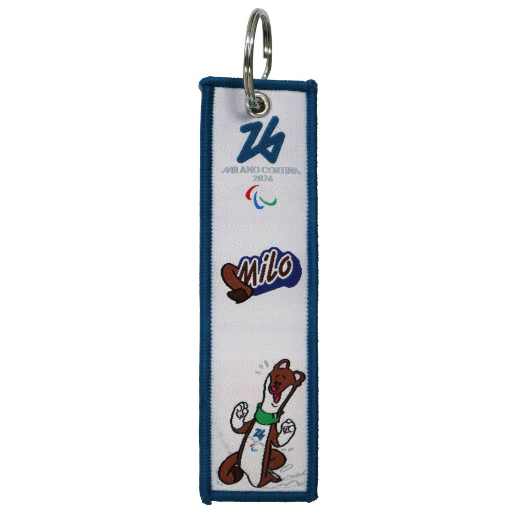 PORTACHIAVI RICAMATO PARALYMPIC MASCOT MILO COLORATO FONDO BIANCO E BLU