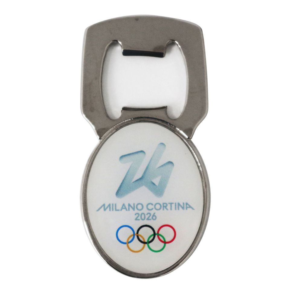 APRIBOTTIGLIE METALLO STAMPATO OVALE OLYMPIC EMBLEMA COLORATO FONDO BIAN