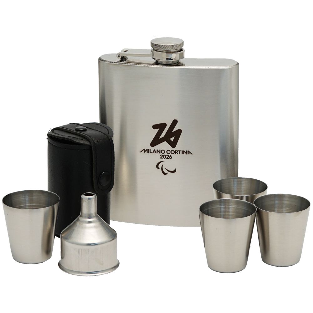 SET BORRACCETTA 220 ML E 4 BICCHIERINI ACCIAIO INOX PARALYMPIC EMBLEMA L