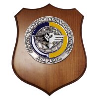 CREST IN METALLO SMALTATO BASE LEGNO 22,5X17,5CM CENTRO FOR. INF. TATTICHE ESERCITO ITALIANO