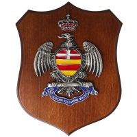 CREST IN METALLO SMALTATO BASE LEGNO 22,5X17,5CM RGT ARTIGLIERIA TERRESTRE ESERCITO ITALIANO