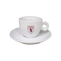 TAZZINA DA CAFFE CLASSICA CON PIATTINO LOGO STAMPATO 1 COLORE GRANATA SU