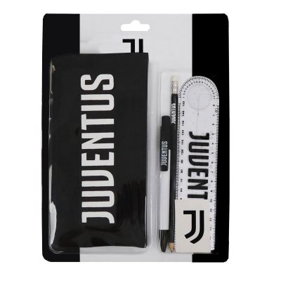 KIT DA SCRITTURA CON GRAFICHE ASSORTITE COMPOSTO DA 1 RIGHELLO, 1 GOMMA, 1 MATITA, 1 PENNA, 1 PORTAPENNE JUVENTUS