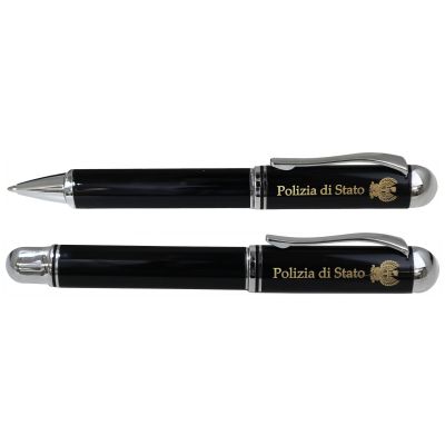 SET BIRO + ROLLER TRIANGOLARI LOGO POLIZIA DI STATO IN ASTUCCIO NERO