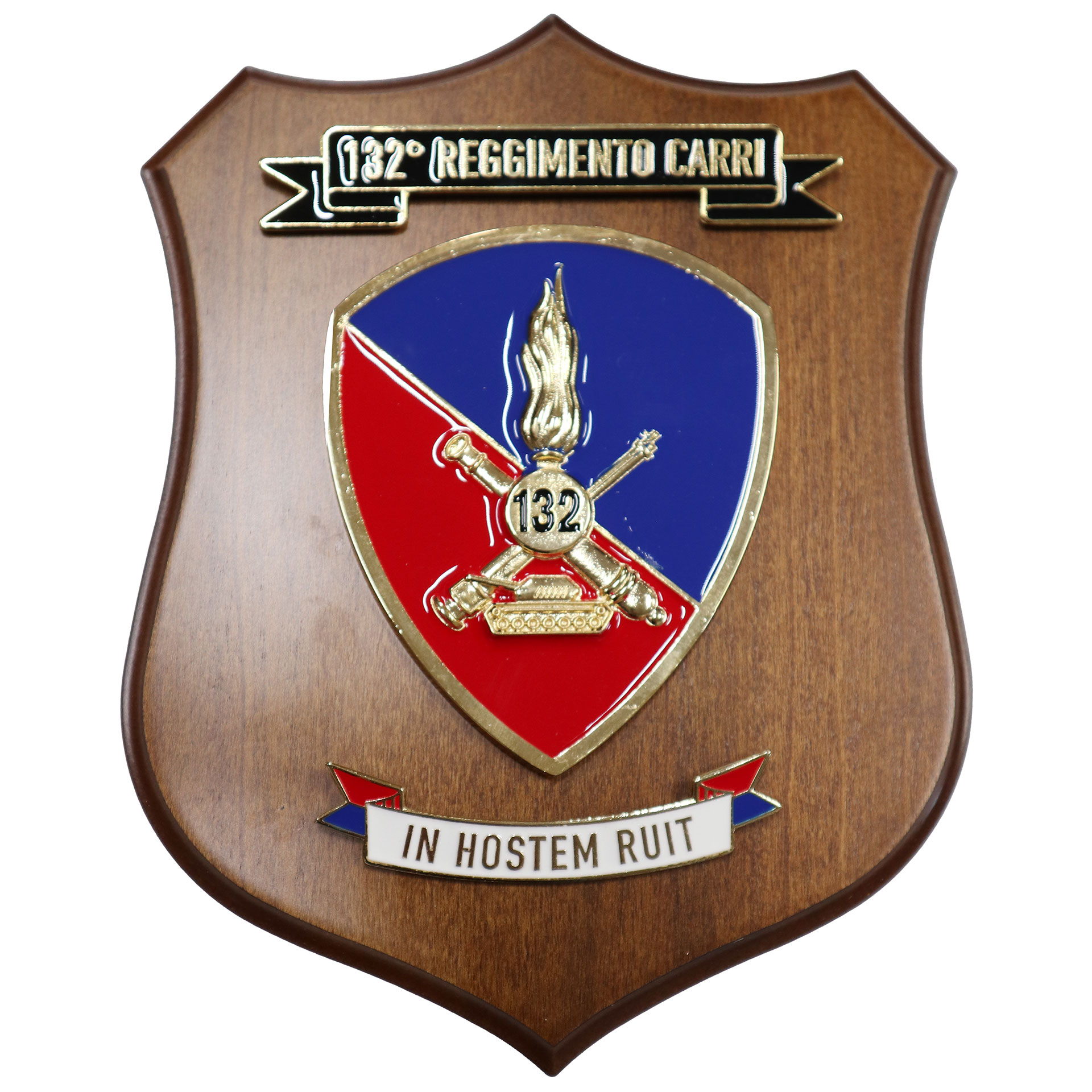 CREST IN METALLO SMALTATO BASE LEGNO 22,5X17,5CM 132 REGGIMENTO CARRI