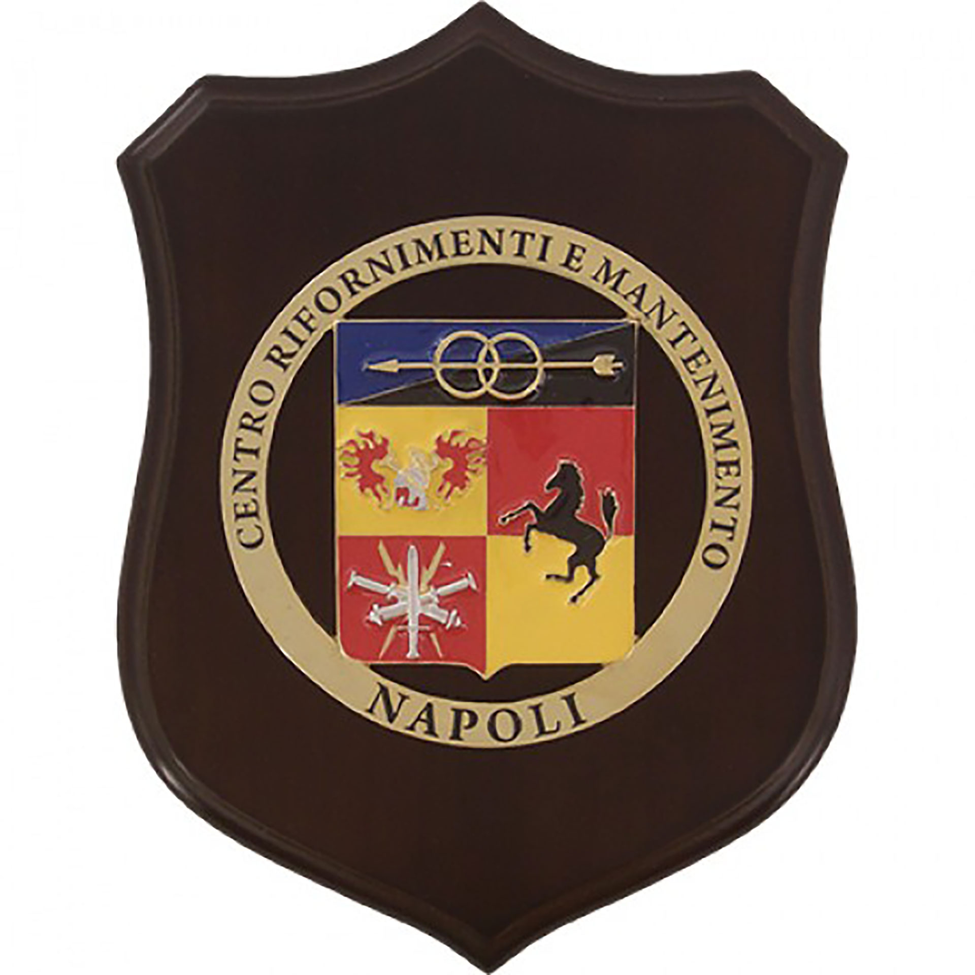 CREST IN METALLO SMALTATO BASE LEGNO 22,5X17,5CM 10 CENTRO RIFOR. MANT.