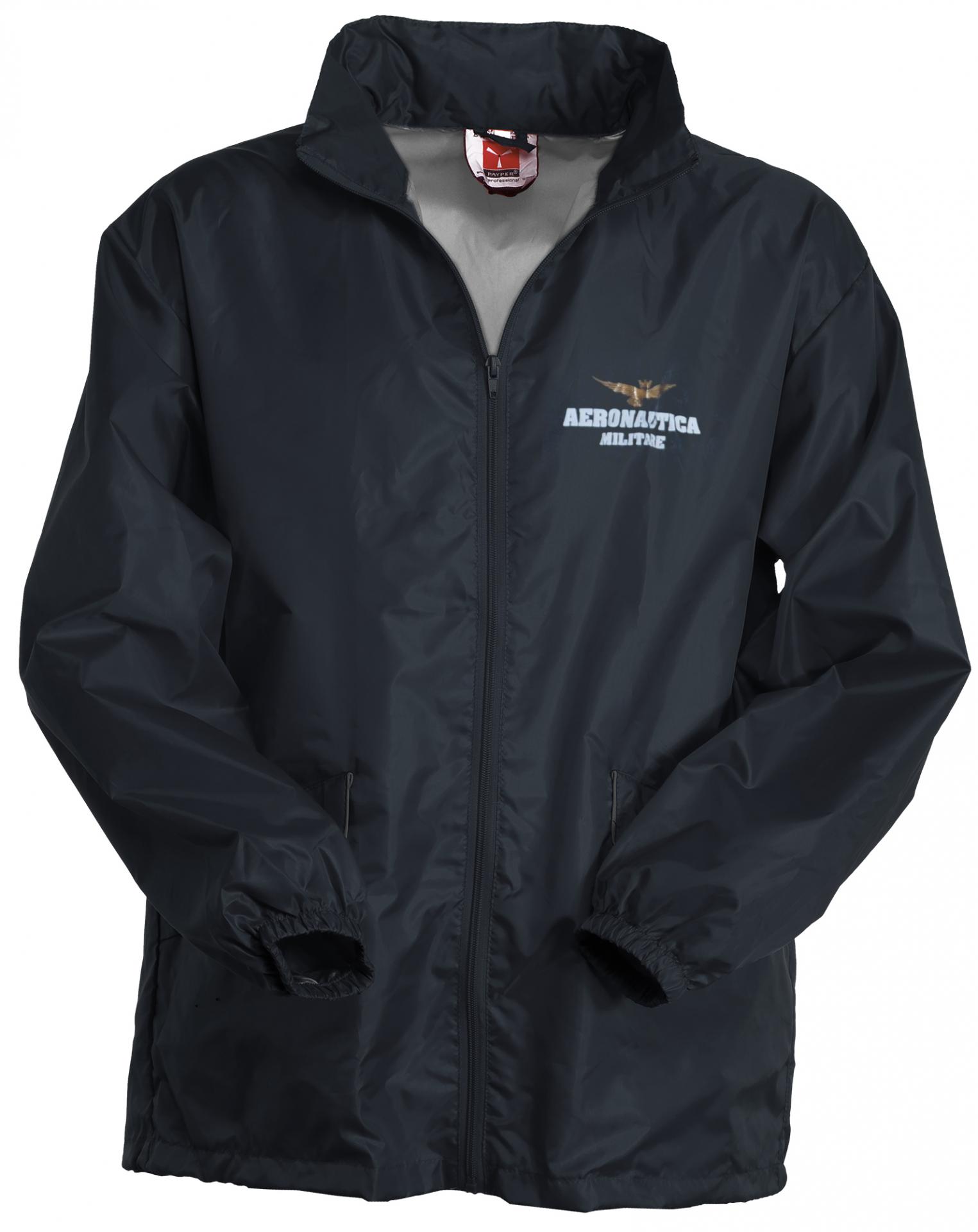 K-WAY ANTIVENTO BLU NAVY, CON CAPPUCCIO A SCOMPARSA, DUE TASCHE AERONAUTICA MILITARE