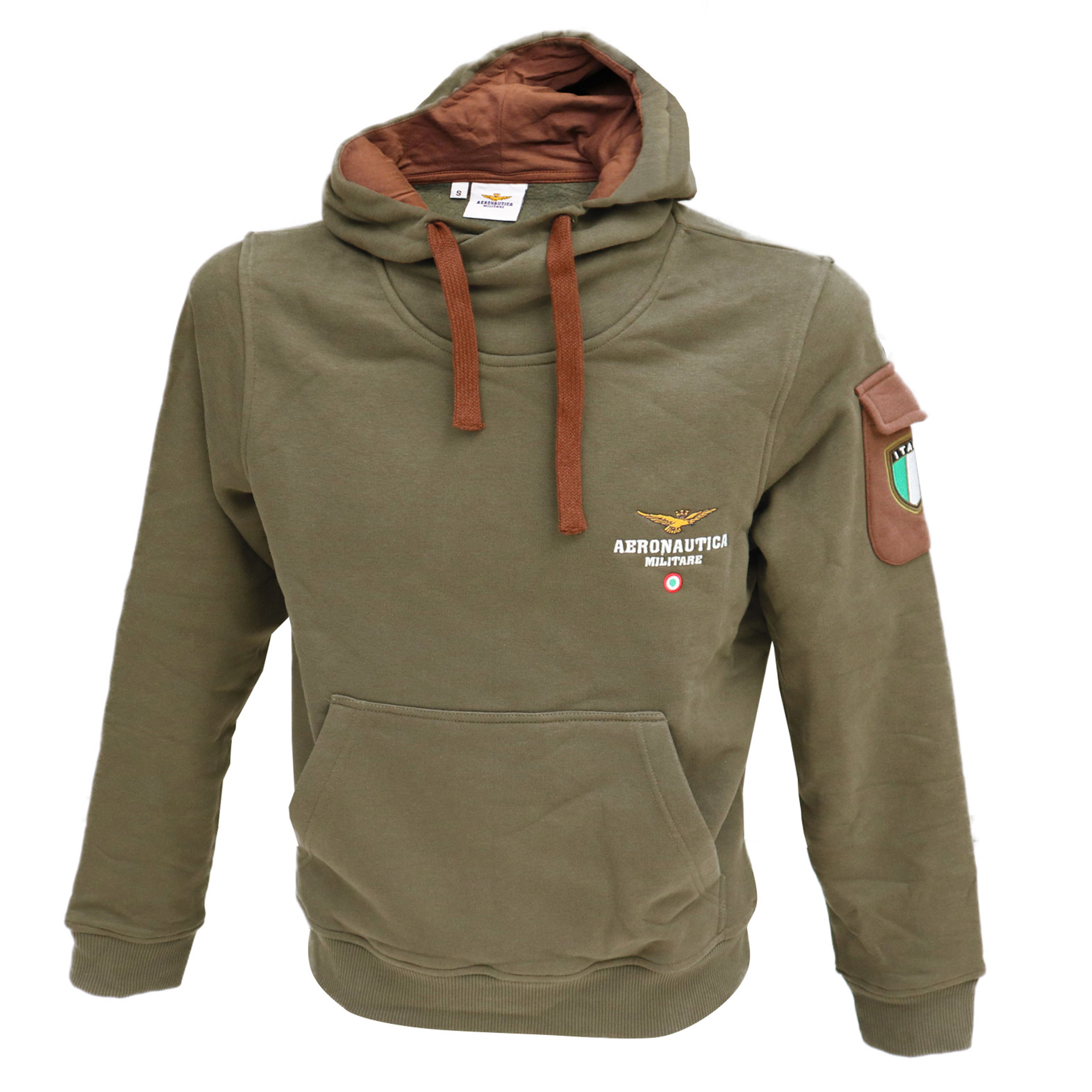 FELPA VERDE CON LOGO RICAMATO, CAPPUCCIO A COLLO ALTO, TASCONE AERONAUTICA MILITARE