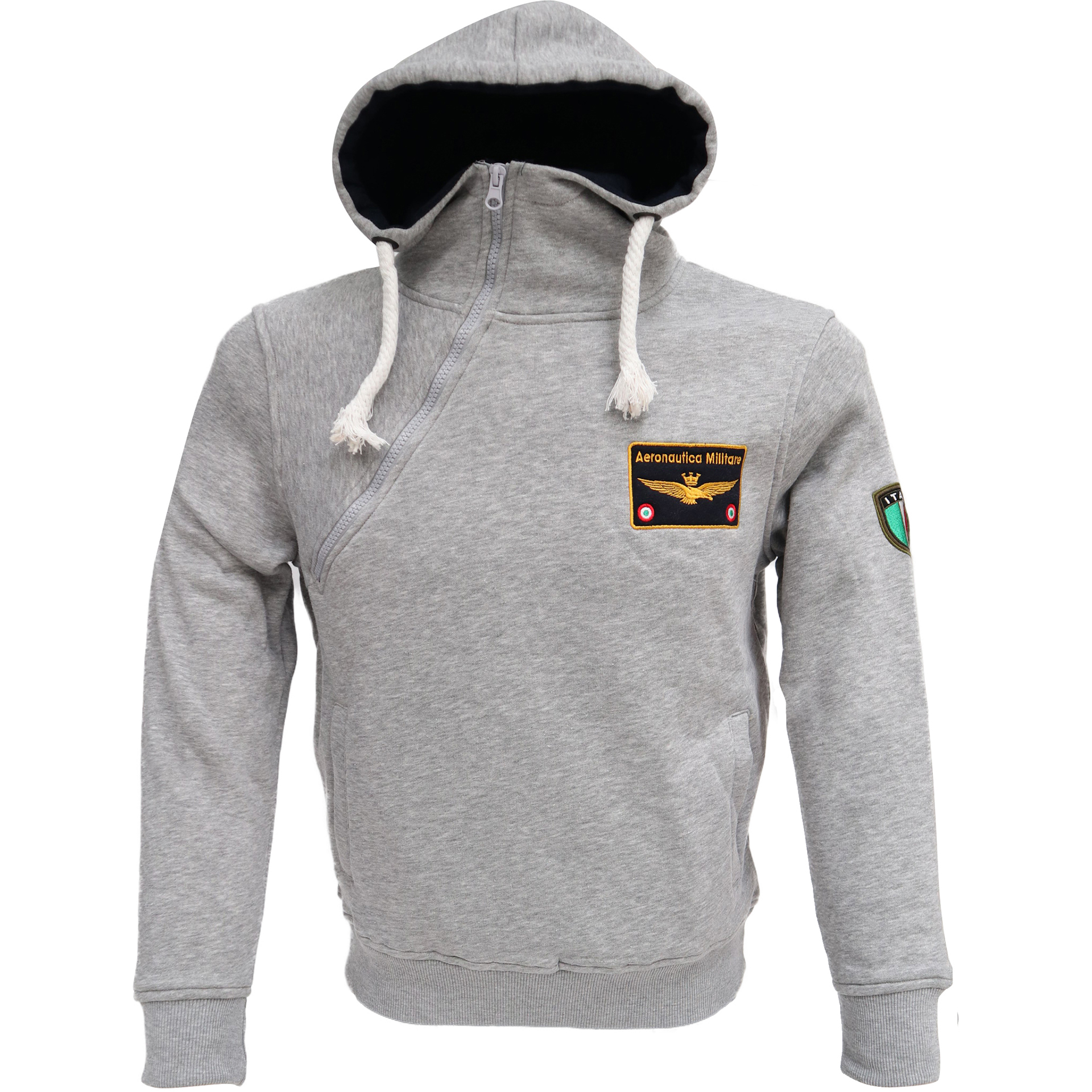 FELPA GRIGIA CON LOGO RICAMATO, CAPPUCCIO, ZIP TRASVERSALE, AERONAUTICA MILITARE