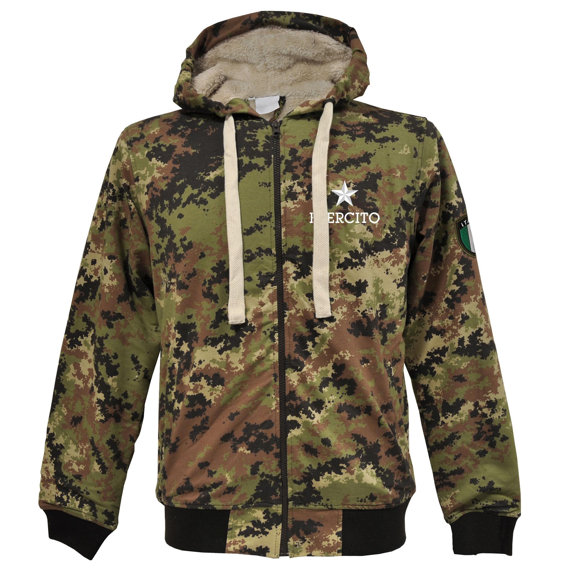 FELPA MIMETICA CON LOGO RICAMATO, CAPPUCCIO, ZIP, TASCONI FRONTALI ESERCITO ITALIANO