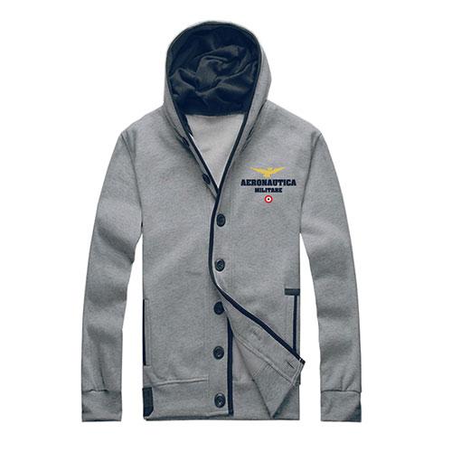 GIACCA IN FELPA GRIGIA CON LOGO RICAMATO, 5 BOTTONI, CAPPUCCIO, AERONAUTICA MILITARE